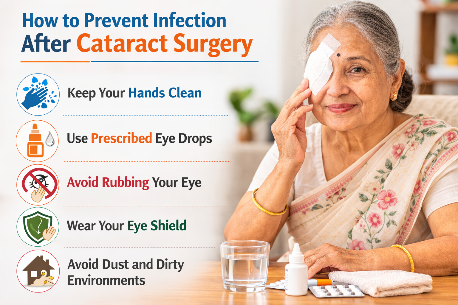 Find patient following eye care precautions to prevent infection after cataract surgery.