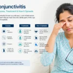 Search red eye conjunctivitis symptoms showing irritation, redness and eye infection