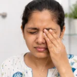Person rinsing eye with clean water after soap irritation — eye care first aid guide