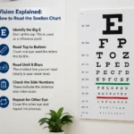 Patient reading Snellen eye chart during vision test at eye clinic