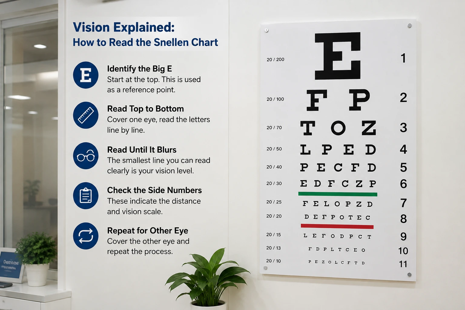 Patient reading Snellen eye chart during vision test at eye clinic