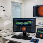 Eye specialist reviewing OCT eye imaging test scan results in clinic