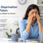 Tired person rubbing eyes at night showing signs of sleep-deprived vision strain