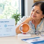 Ophthalmologist explaining anaesthesia options to a calm cataract patient before eye surgery.