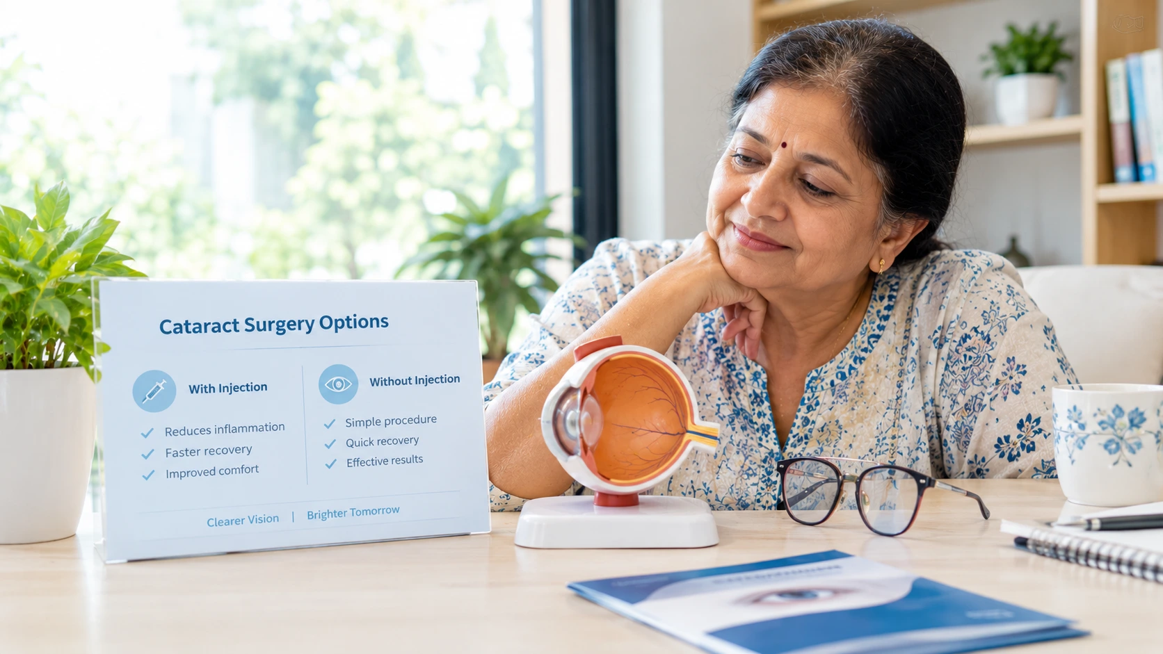 Ophthalmologist explaining anaesthesia options to a calm cataract patient before eye surgery.
