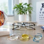Eye surgeon explaining toric intraocular lens options to a cataract patient with astigmatism.