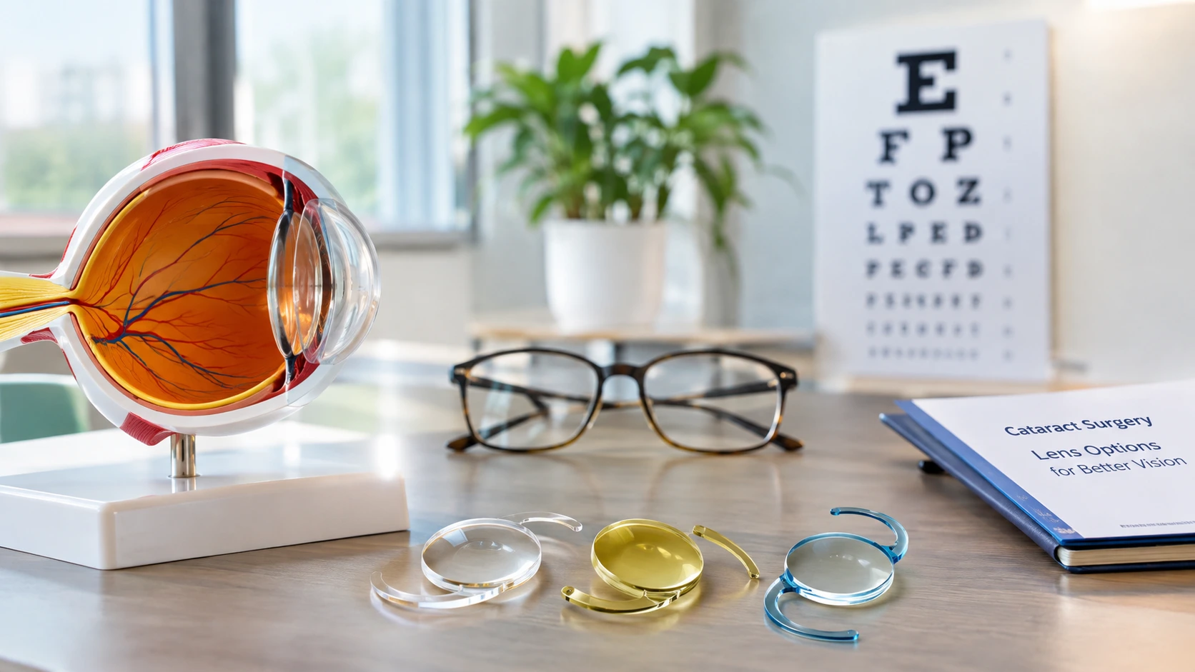 Eye surgeon explaining toric intraocular lens options to a cataract patient with astigmatism.
